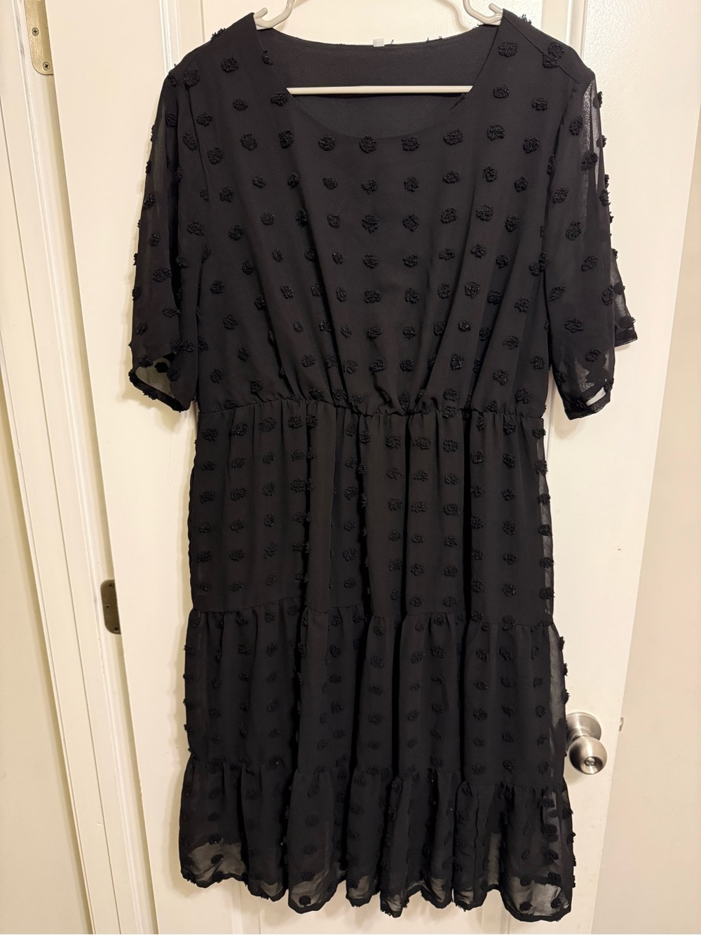 Swiss Dot Chiffon Short Sleeve Flowy Black Dress